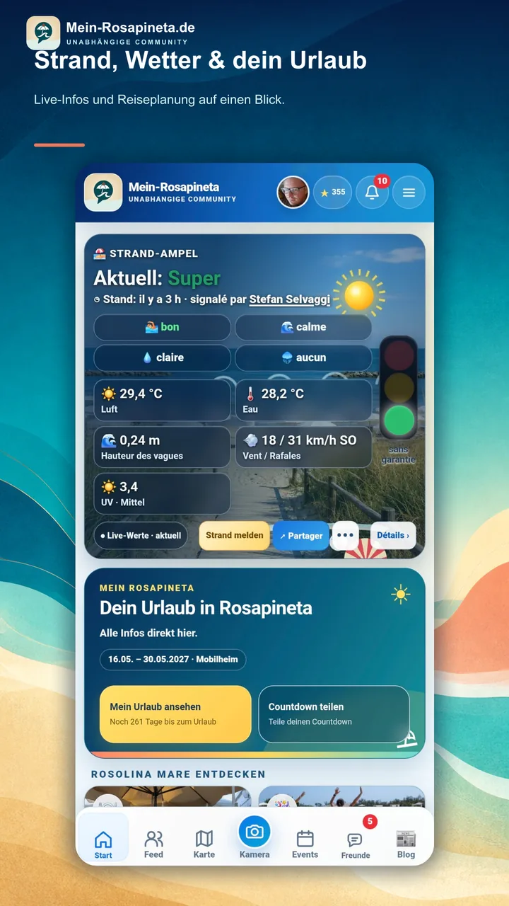 Strandampel, Wetter und Urlaubsübersicht in der Mein-Rosapineta App