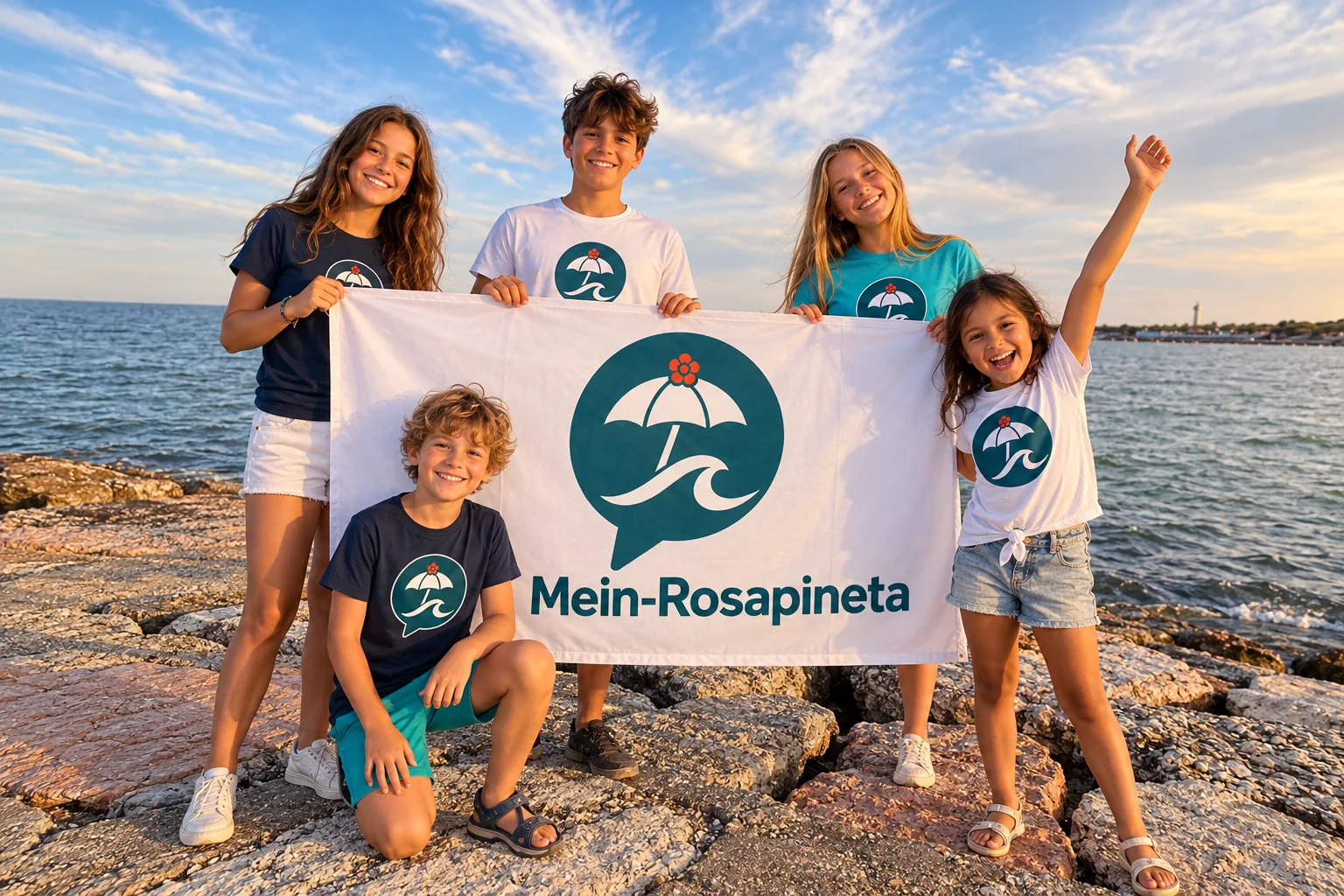 Junge Rosolina-Mare-Fans mit Mein-Rosapineta-Banner am Meer